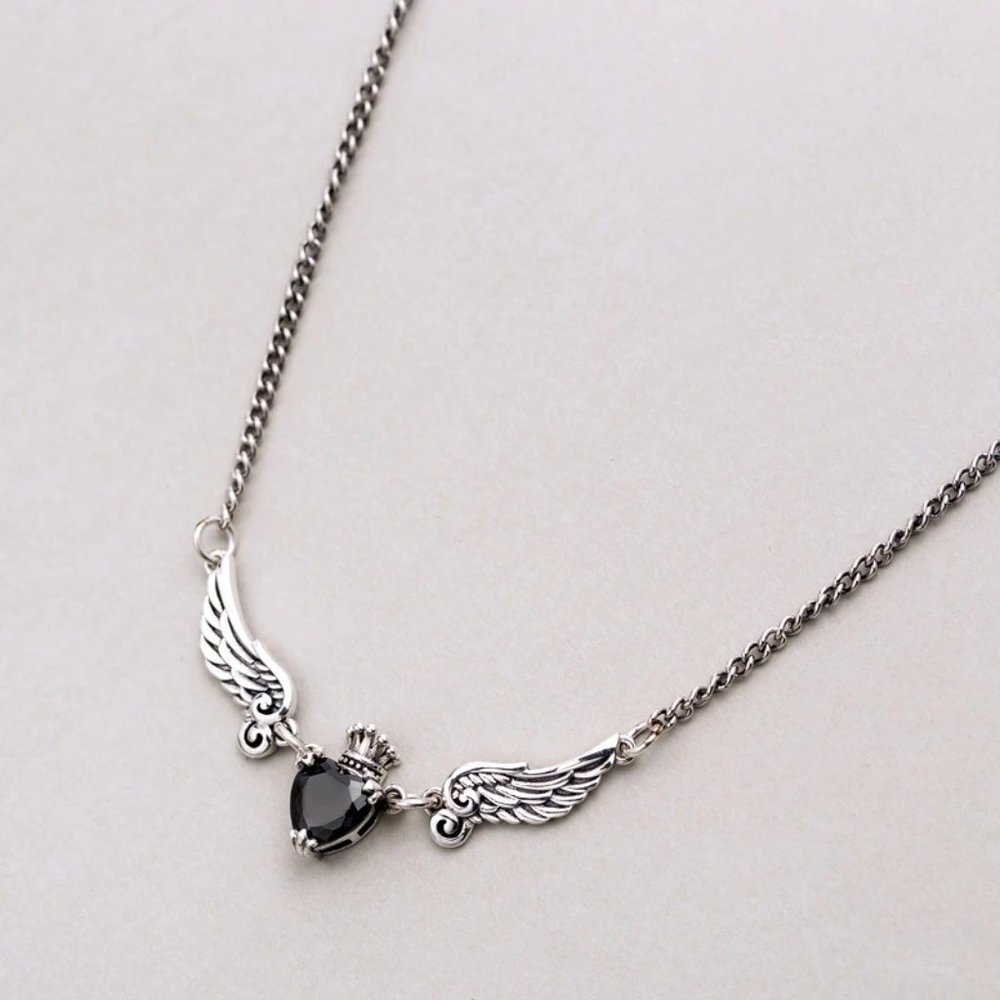 NEW Silver Angel Wings Heart Black Zircon Necklace - Picture 5 of 6